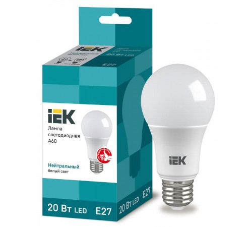 Лампа светодиодная LED 20Вт Е27 220В 4000К A60 груша  LLE-A60-20-230-40-E27  IEK