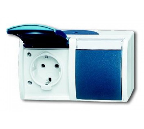 Розетка 16А 250В IP44, двойная, гориз, с полем для надписи, для откр монт., ocean, серый/сине-зелёный  2084-0-0728  2CKA002084A0728  ABB