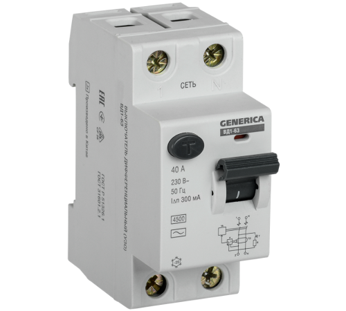 Выключатель дифференциальный (УЗО) ВД1-63 2Р 40А 300мА  MDV15-2-040-300  GENERICA