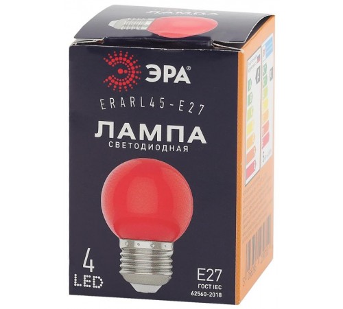 Лампы cветодиодные ERARL45-E27 LED Р45-1W-E27 (диод. шар, красн., 4SMD, 1W, E27, для белт-лайт) (10/100/6000)  Б0049575  ЭРА