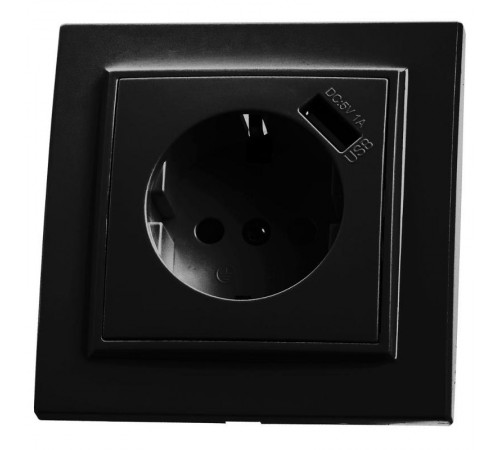 Розетка 1-местная с/з 250В, 16А с защитной шторкой и с USB, серия Эрна, PST16-9011-03, черный  39480  STEKKER