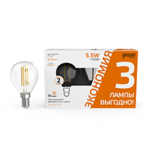Лампа светодиодная   Basic Filament Шар 5,5W 510lm 2700К Е14 LED (3 лампы в упаковке) 1/20  1051116T  Gauss