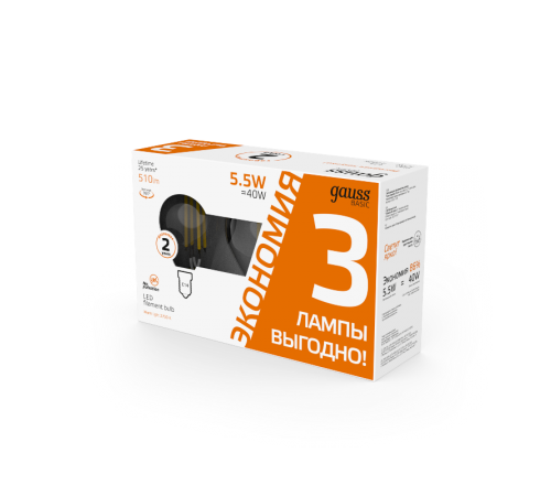 Лампа светодиодная   Basic Filament Шар 5,5W 510lm 2700К Е14 LED (3 лампы в упаковке) 1/20  1051116T  Gauss
