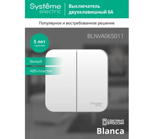 Blanca Белый О/У с изолирующей пластиной Выключатель 2-клавишный 6А, 250B  BLNVA065011  SE