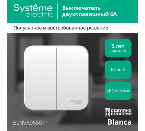 Blanca Белый О/У с изолирующей пластиной Выключатель 2-клавишный 6А, 250B  BLNVA065011  SE
