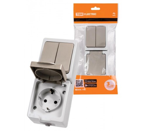 Блок комбинированный (вертикальный) выключатель 2-кл. + розетка 2П+З с з/ш БКВР IP54 "Вуокса" TDM  SQ1803-0013  TDM