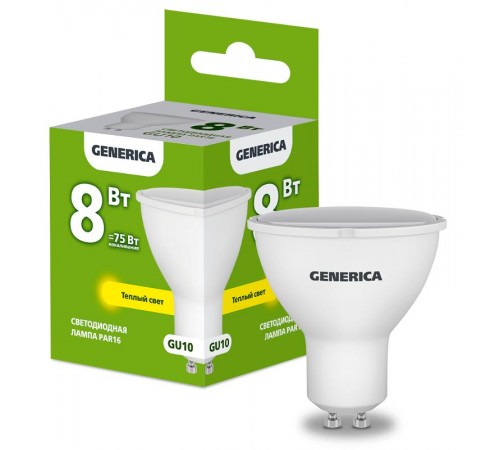 Лампа светодиодная PAR16 софит 8Вт 230В 3000К GU10   LL-PAR16-08-230-30-GU10-G  GENERICA
