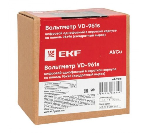 Вольтметр VD-961s цифровой на панель 96x96 (квадратный вырез) однофазный в коротком корпусе PROxima  VD-961s  EKF
