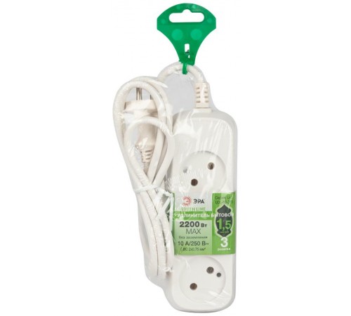 Удлинитель электрический ЭРА UDL-10-315 Greenline 3 розетки без заземления 1,5м ПВС 2x0.75мм2   Б0065048  ЭРА