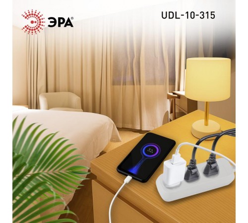 Удлинитель электрический ЭРА UDL-10-315 Greenline 3 розетки без заземления 1,5м ПВС 2x0.75мм2   Б0065048  ЭРА