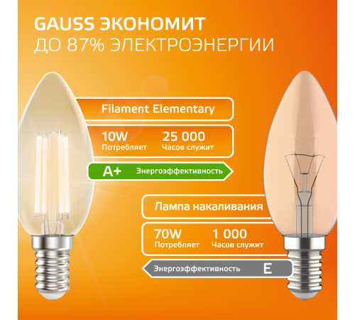 Лампа светодиодная   Filament Elementary Свеча 10W 650lm 2700К Е14 LED 1/10/100  32110  Gauss