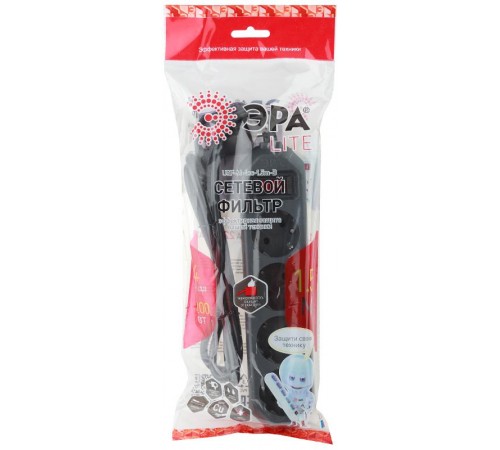 Сетевой фильтр USF-M-4es-1.5m-B   (черный) с заземл, 3x0,75мм2, с выкл, 4гн, 1.5м (20/800) Б0019740  ЭРА