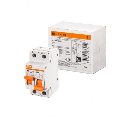 Выключатель автоматический с механической блокировкой (байпас) ВА47-29Б 1Р+1Р 20А 4,5кА х-ка C  SQ0206-0401  TDM