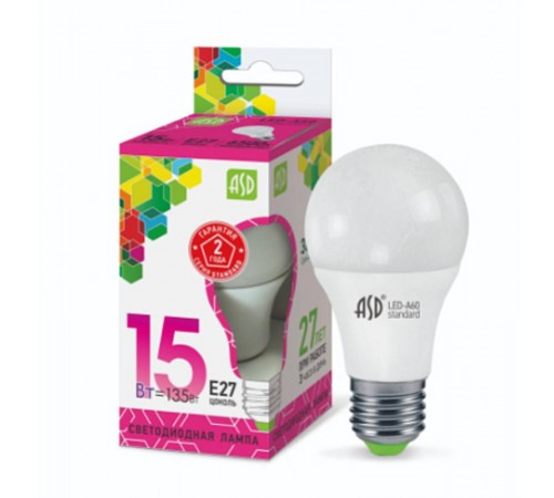 Лампа светодиодная LED-A60-standard 15Вт 230В Е27 6500К 1350Лм  4690612014203  ASD