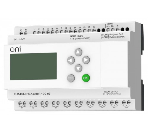 ПЛК 430 Модуль ЦПУ 8 DI 6 UI 10 RO 24В DC с экраном  PLR-430-CPU-14U10R-1DC-00  ONI