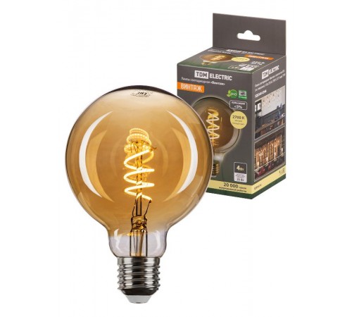 Лампа светодиодная "Винтаж" золотистая G95 (со спиралью), 4 Вт, 230 В, 2700 К, E27 (шар)  SQ0340-0346  TDM