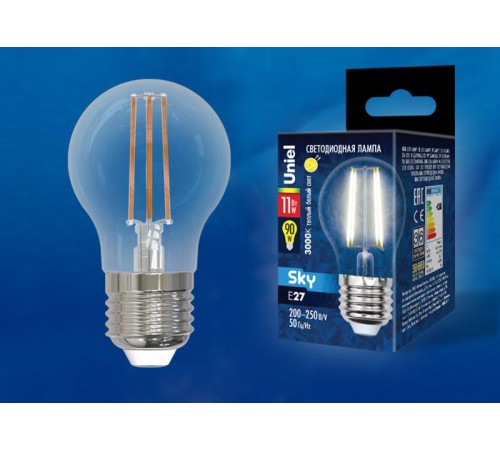 Лампа светодиодная LED-G45-11W/3000K/E27/CL PLS02WH LED. "шар", прозр. 3000К Серия Sky  UL-00005178  Uniel