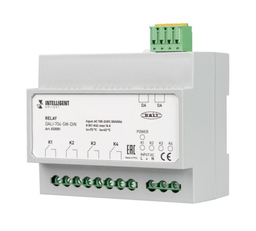INTELLIGENT ARLIGHT Релейный модуль DALI-704-SW-DIN (BUS, 4х16A) (IARL, IP20 Пластик, 3 года)  033051  Arlight