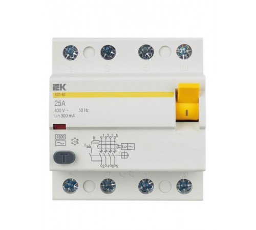 Выключатель дифференциальный (УЗО) ВД1-63 4п 25А 300мА тип AC  MDV10-4-025-300  IEK