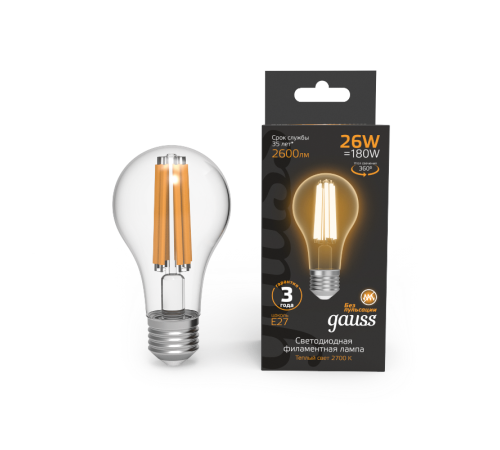 Лампа светодиодная Filament А70 26W 2600lm 2700К Е27 LED 1/10/40  102902126  Gauss