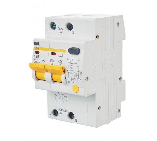 Выключатель автоматический дифференциального тока АД12 2п 20А C 30мА тип AC (3 мод)  MAD10-2-020-C-030  IEK