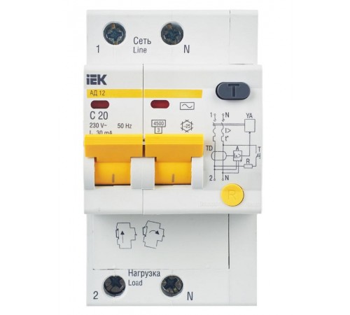 Выключатель автоматический дифференциального тока АД12 2п 20А C 30мА тип AC (3 мод)  MAD10-2-020-C-030  IEK