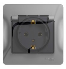 Glossa Алюминий Розетка с заземлением со шторками с крышкой, IP20 (в сборе с рамкой)  GSL000346  SE
