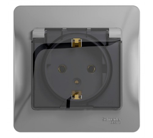 Glossa Алюминий Розетка с заземлением со шторками с крышкой, IP20 (в сборе с рамкой)  GSL000346  SE