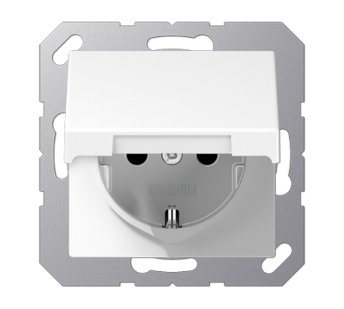 Штепсельная розетка SCHUKO 16А / 250В с защитными шторками, с подпружиненной откидной крышкой, возможно IP44, пружинные зажимы; дюропласт; белый; A500