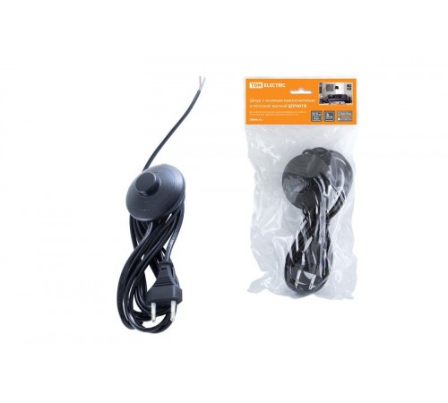 Шнур с ножным выключателем и плоской вилкой ШУН01В ШВВП 2х0,75мм2 3,5м. черный  SQ1305-0062  TDM