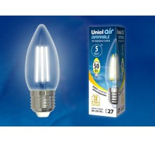 Лампа светодиодная LED-C35-5W/WW/E27/CL/DIM GLA01TR LED диммируемая. "свеча", прозр серия Air. 3000K  UL-00003643  Uniel