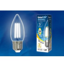 Лампа светодиодная LED-C35-5W/WW/E27/CL/DIM GLA01TR LED диммируемая. "свеча", прозр серия Air. 3000K  UL-00003643  Uniel