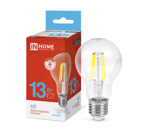 Лампа светодиодная LED-A60-deco 13Вт 230В Е27 6500К 1170Лм прозрачная  4690612035628  IN HOME