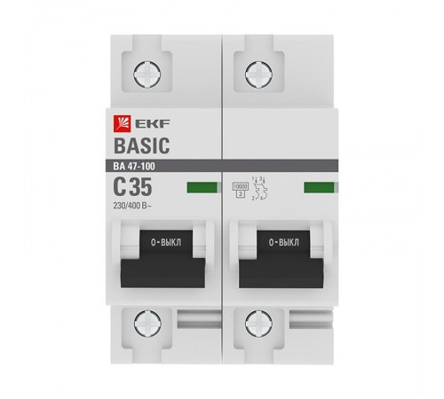 Выключатель автоматический двухполюсный 2P 35А (C) 10kA ВА 47-100 EKF Basic  mcb47100-2-35C-bas  EKF