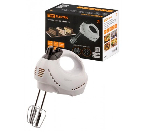 Миксер ручной "Зевс 1", 200 Вт, 5 скоростей, режим "Турбо", 2 комплекта насадок, белый, TDM  SQ4011-0001  TDM