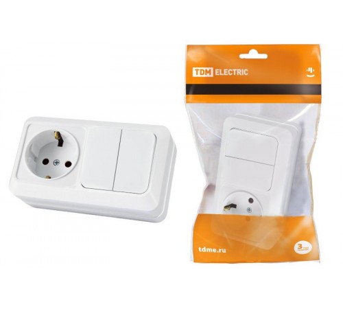 Блок комбинированный выкл. 2-кл. 10А + розетка 2П+З 16А 250В БКВР IP20 белый "Ладога"  SQ1801-0102  TDM