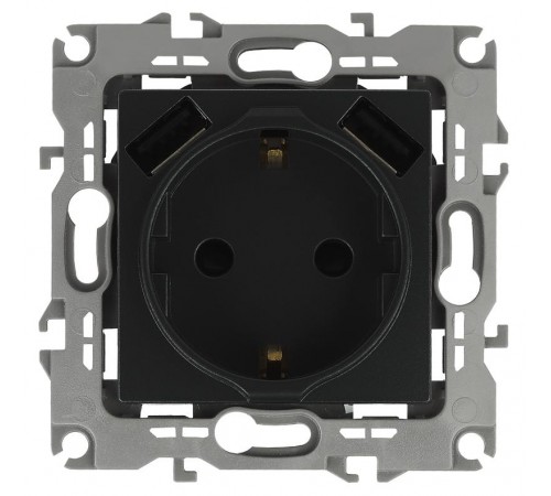12-4109-05 Розетка с заземлением 16A-250В, штор. с 2xUSB 5В-3А, 12, антрацит   Б0047844  ЭРА