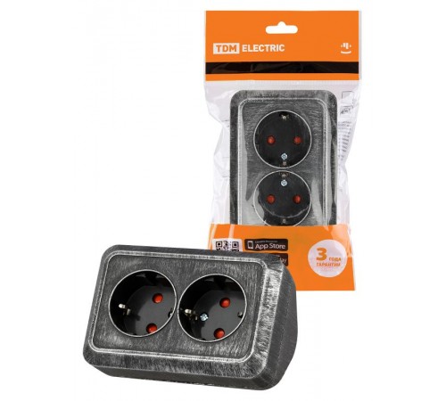 Розетка угловая двойная 2П+3 открытой установки с з/ш IP20 250В 16А серебро "Ладога"  SQ1801-0390  TDM