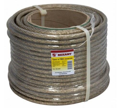 Трос стальной в ПВХ оплетке d=10,0 мм, прозрачный (катушка 50 м)  09-5300  REXANT