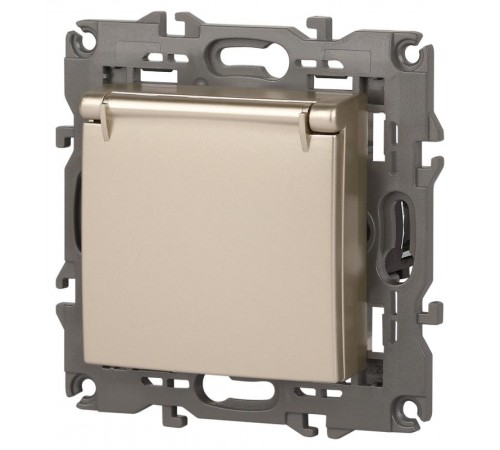 14-2103-04 Розетка с заземлением со шторками с крышкой, 16A-250В, IP20, Эра Elegance, шампань  Б0034281  ЭРА