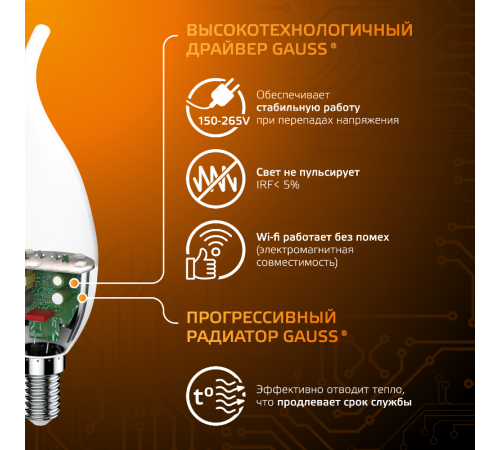 Лампа светодиодная LED 6,5Вт E14 220В 2700К свеча на ветру  104101107  Gauss