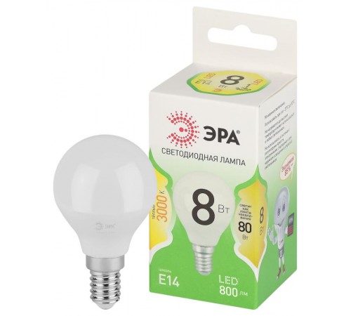 Лампа светодиодная  GREEN LINE LED P45-8W-830-E14 GL E14 8 Вт шар теплый свет  Б0067007  ЭРА