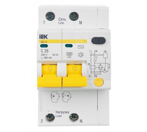 Выключатель автоматический дифференциального тока АД12 2п 25А C 300мА тип AC (3 мод)  MAD10-2-025-C-300  IEK