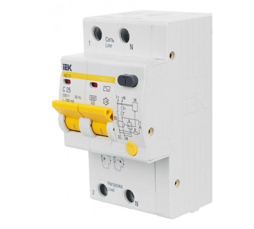 Выключатель автоматический дифференциального тока АД12 2п 25А C 300мА тип AC (3 мод)  MAD10-2-025-C-300  IEK