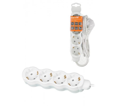 Удлинитель бытовой "Люкс" УЛ04 4 гнезда, 3м, с/з, с з/ш, ПВС 3х1мм2 16А/250В бело-серый  SQ1303-0236  TDM