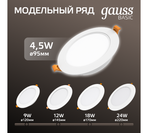 Светильник  Basic Downlight круг 4,5W 300lm 4000K 170-260V IP20 95*26 белый LED  9029420205  Gauss