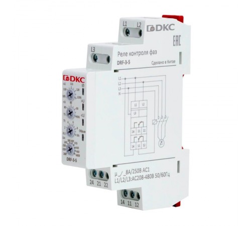 Реле контроля фаз, 3 фазы, тип DRF, контроль напряжения, контроль обрыва фаз, конфигурация контакта 2CO, 208-480В  DRF-3-5  DKC