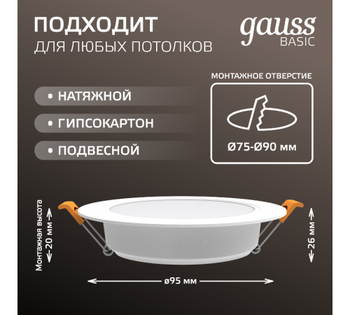 Светильник  Basic Downlight круг 4,5W 300lm 4000K 170-260V IP20 95*26 белый LED  9029420205  Gauss