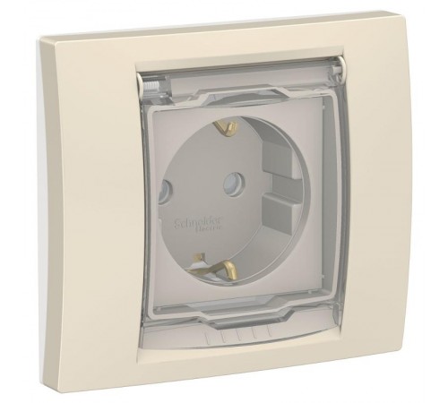 Unica New Бежевый Розетка с/з со шторками, с крышкой, IP44  NU003744  Schneider Electric