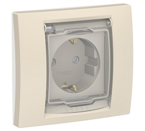 Unica New Бежевый Розетка с/з со шторками, с крышкой, IP44  NU003744  Schneider Electric